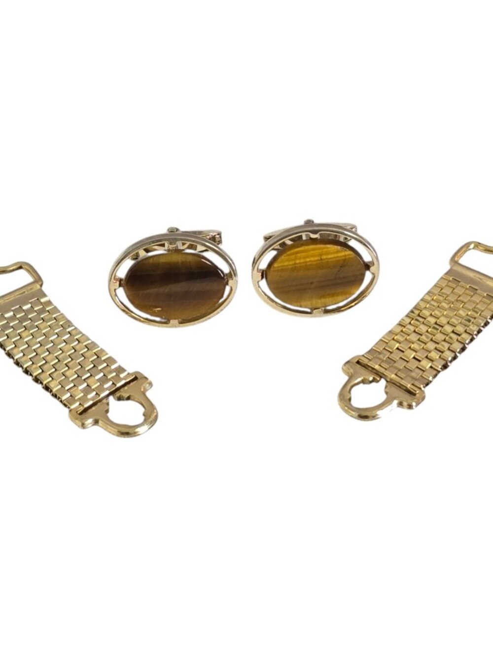 Vintage Foster Gold Tone Oval Cufflinks Tigers Eye Stone w/ Wrap Around Straps